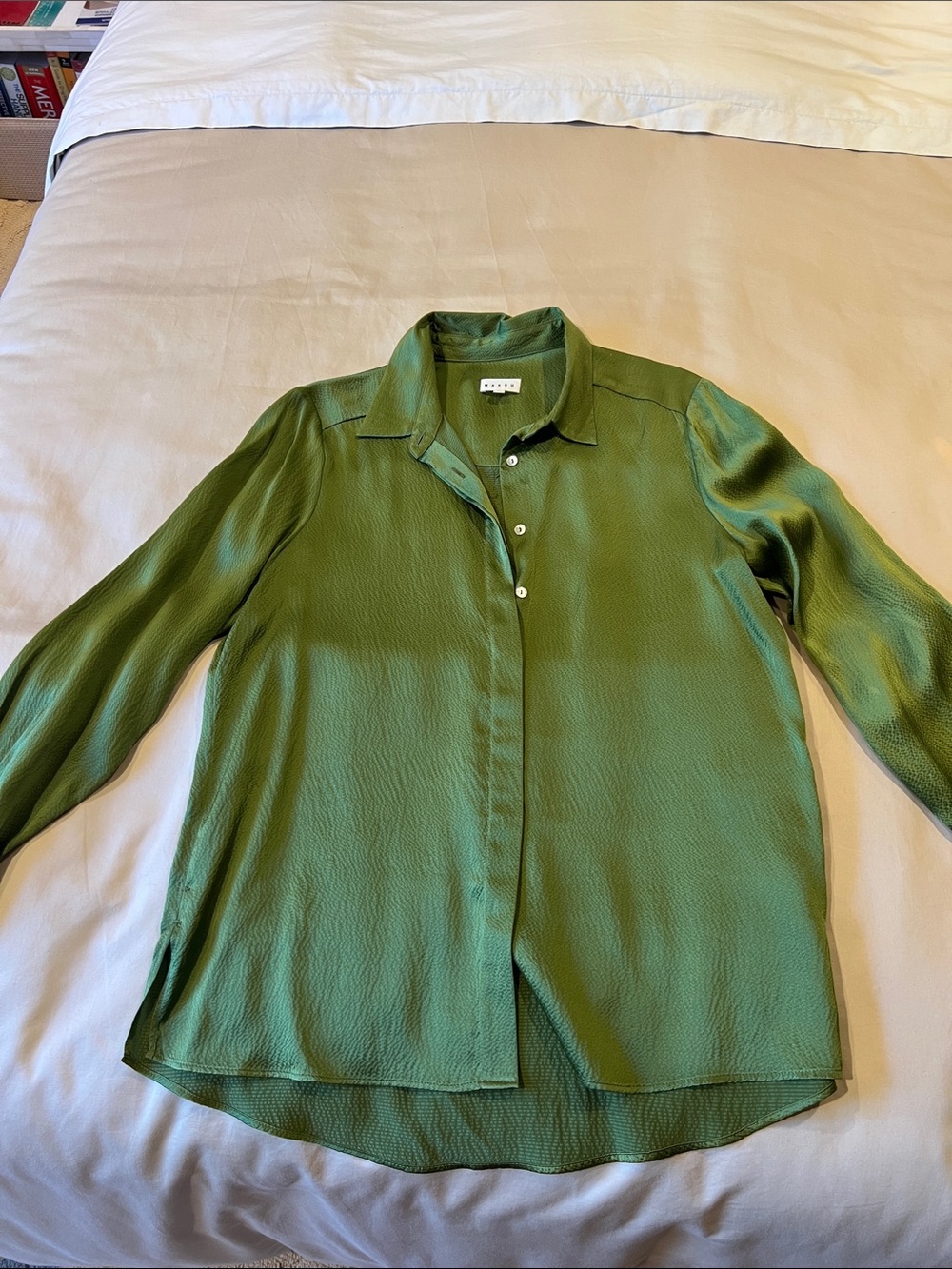 Lightweight Olive Green Satin Button-Down Shirt